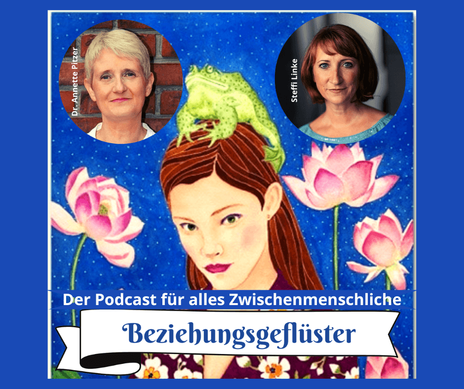 Die Beziehungscoaches Steffi Linke und Dr. Annette Pitzer zeigen sich auf dem Cover ihres Podcasts Beziehungsgeflüster - Der Podcast für alles Zwischenmenschliche